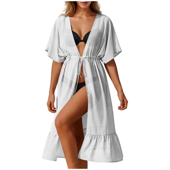 Women's Swimwear Cover Ups Chiffon Short Sleeve Swimsuit Cardigan Cover up Long Flowy Beachwear Open Front Dresses