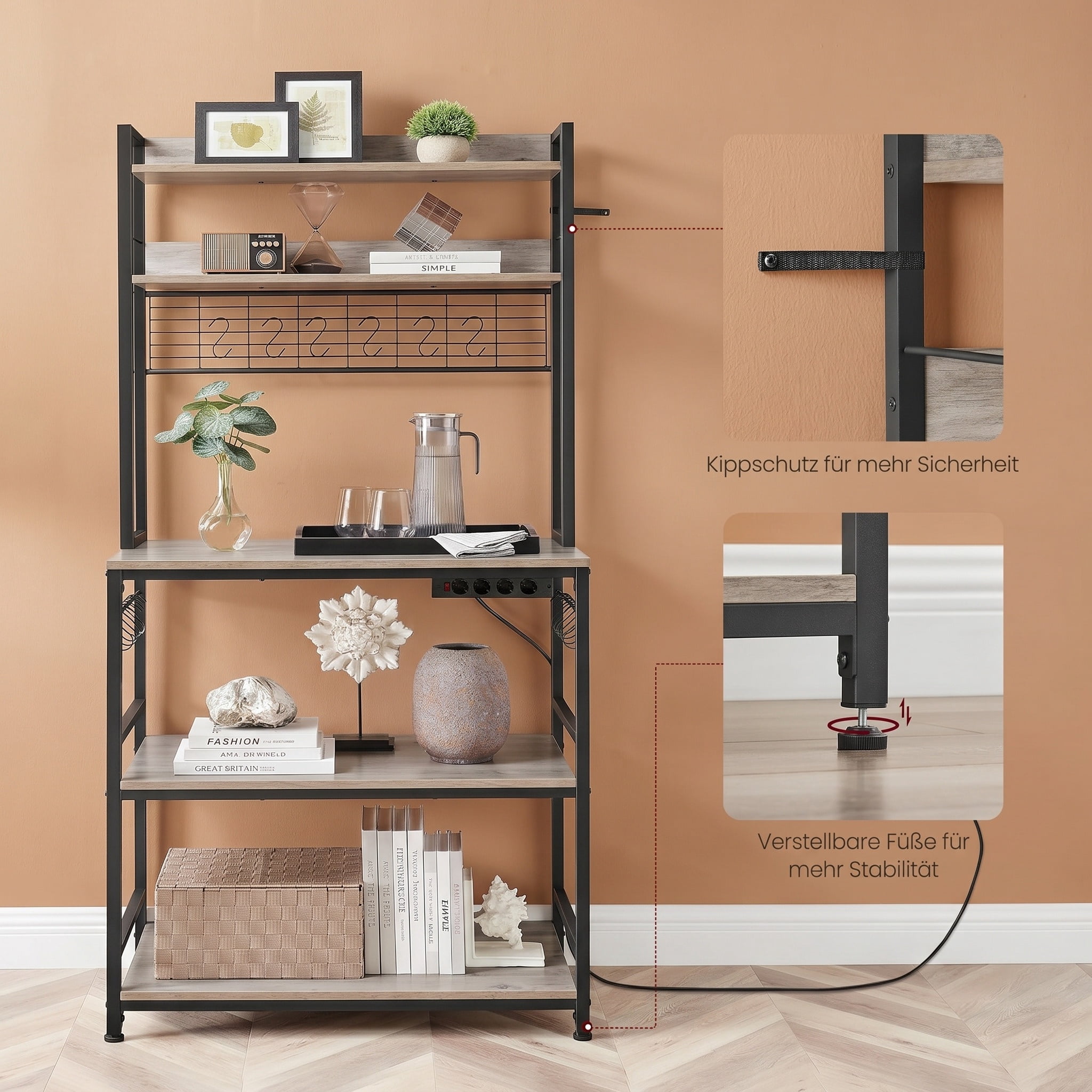 Nordic Hygge 66.9 in. Tall Bakers Rack with Power Outlet, Greige and Black