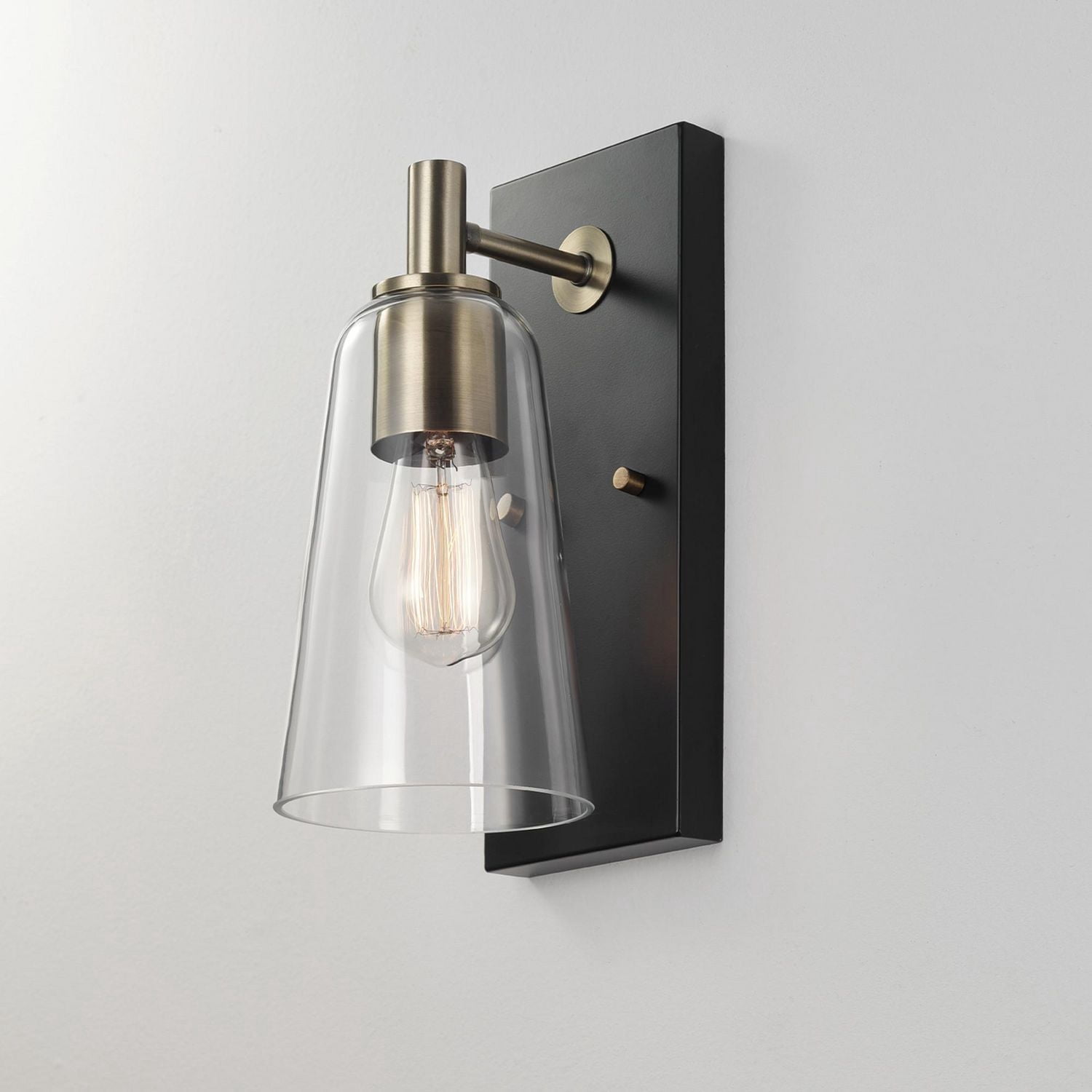 1-Light Matte Black Wall Sconce with Matte Brass Accents and Clear Glass Shade