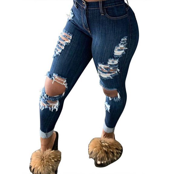 ORQ Women Slim Full-length Solid Color Denim Pants Ripped Jeans