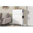 thumbnail image 3 of MAYEERTY Narrow Design Tipping Bucket Shoe Cabinet with 3 Flip Drawers, Wood Grain Pattern Top Entryway Organizer with 3 Hooks, Free Standing Shoe Rack with Adjustable Panel for Hallway, White, 3 of 17