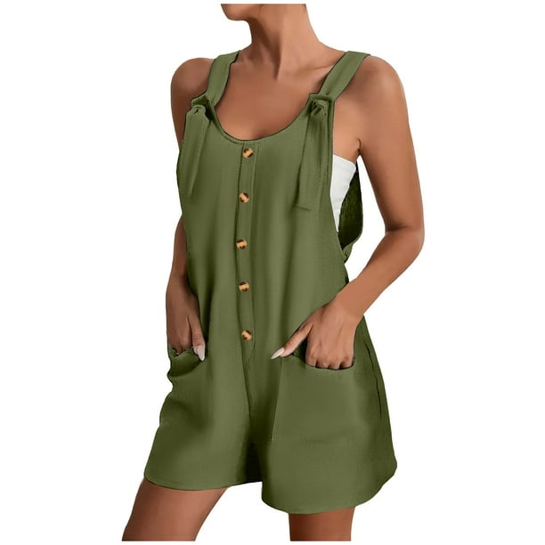Mono corto de verano informal con botones para mujer - Poliéster, sin mangas, pantalón corto ancho - S-XXL