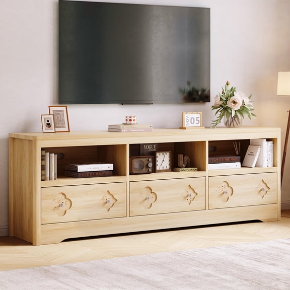 Farmhouse 70 Inch TV Stand for TVs Up to 85", Mid Century Modern Entertainment Center with Storage Carved Drawer and Open Shelves, TV Console for Living Room, Natural