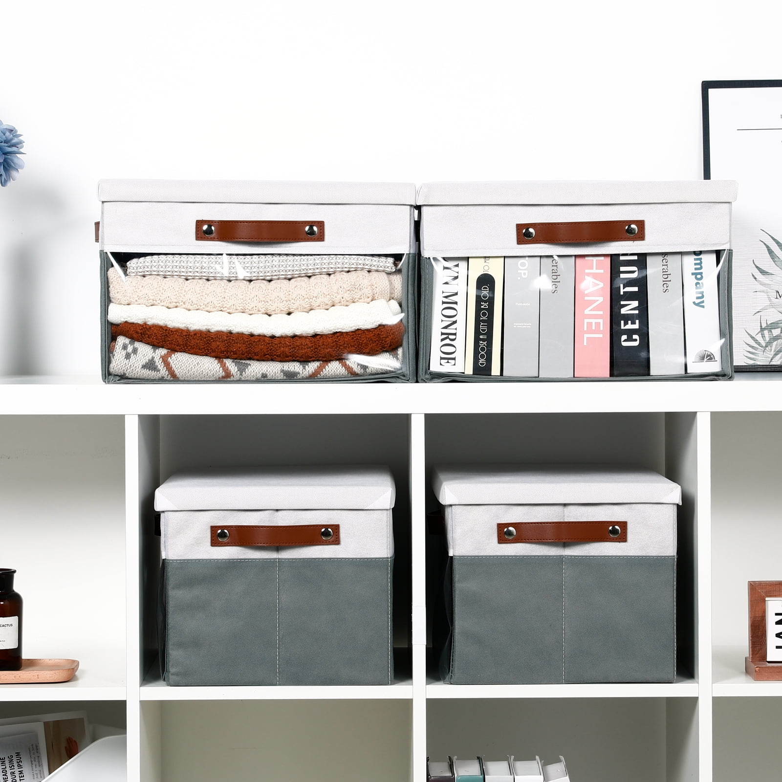 Bidtakay Collapsible Storage Bins with Lid 15 x 11 x 9.7 inch 4-Pack Fabric Closet Organizer with Clear Window Storage Baskets for Shelves Organization (White&Grey)