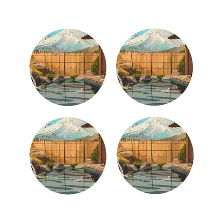

KLL Drink Coasters Set Round Shape of 4 PU Leather Absorbent Coasters Set Decorative Coffee Cup Coasters Housewarming Gift for Home Decor-Tranquil Garden Landscape