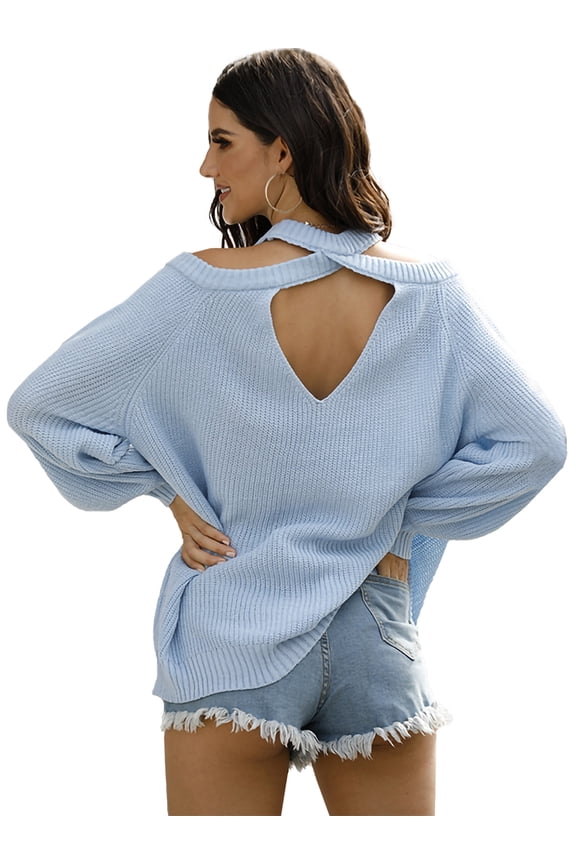 Women Halter Neck Knitted Pullover Sweater Off Shoulder Long Sleeve Loose Casual Blouse, Blue, Small