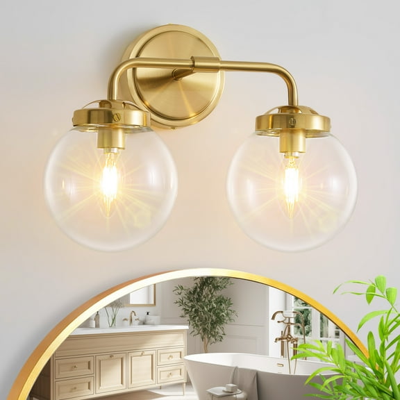 Deyidn 2 Light Gold Bathroom Vanity Light with Clear Globe Glass Shade Modern Bathroom Wall E12 Bulb