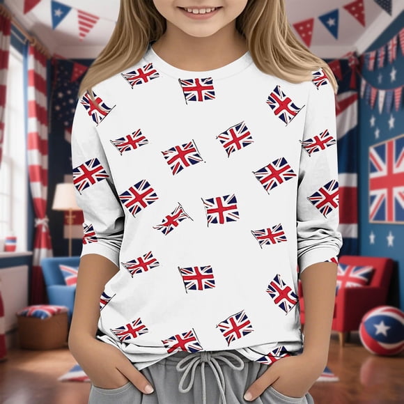 MKOSPLRT Boys Girls British Flag Shirts 3/4 Sleeve Lounge Tshirts Crew Neck Summer Tops Funny Holiday Graphic Tees 3-12 Years