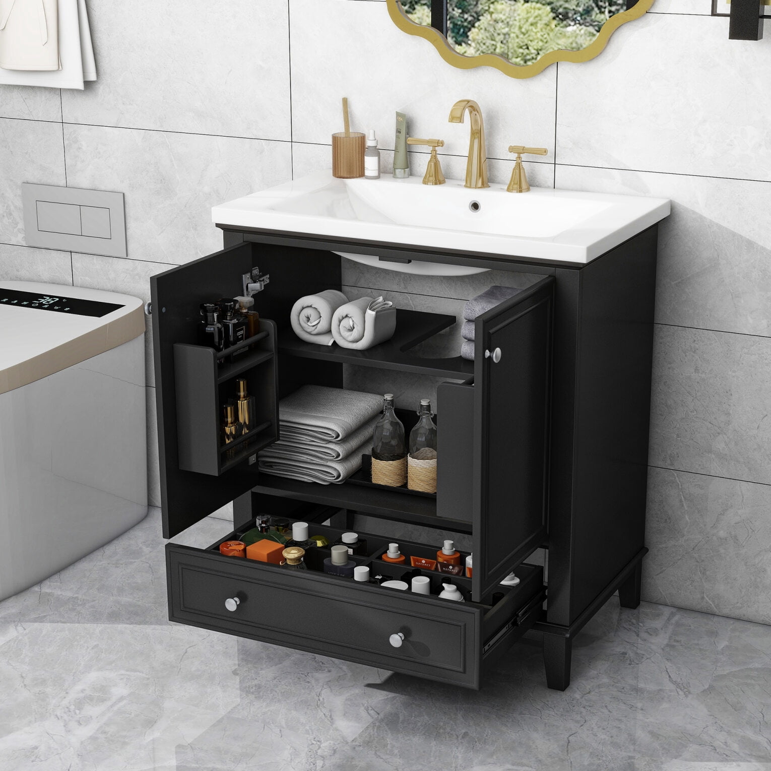30" Bathroom Vanity with Sink Combo, Multi-functional Bathroom Cabinet with Doors and Drawer, Solid Frame and MDF Board, Black