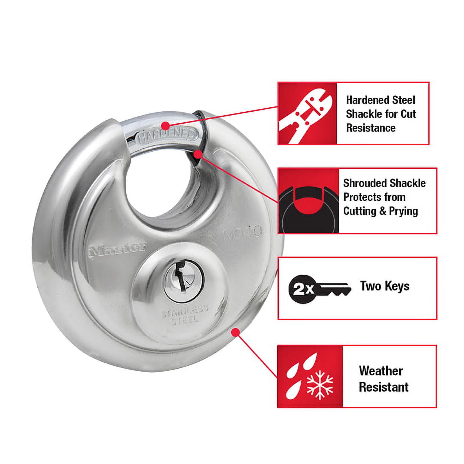 (2 pack) Master Lock 2-3/4in (70mm) Wide Stainless Steel Discus Padlock with Shrouded Shackle