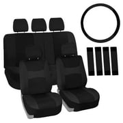 FH Group Universal Fit Cloth Car Seat Covers w/ Steering Cover & Belt Pads Full Set Black
