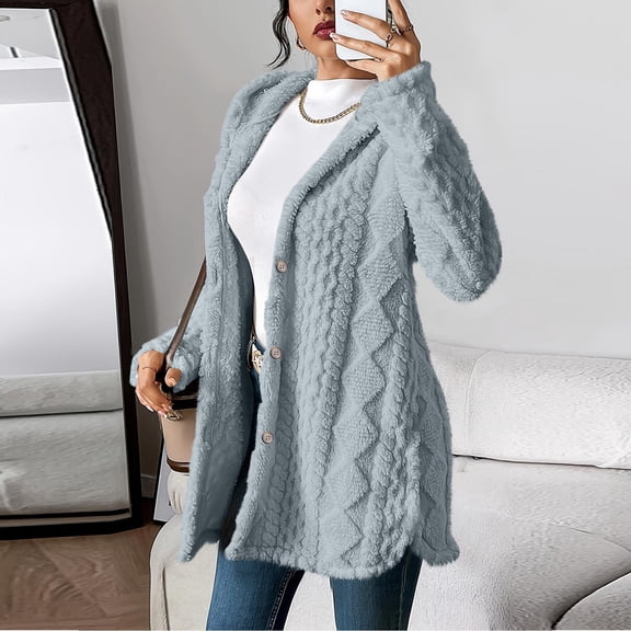 BLTIBY Womens Fleece Jacket Casual Button Up Fuzzy Hooded Long Sleeve Cardigan Sweaters Warm Fleece Coat Outerwear Light Blue XL