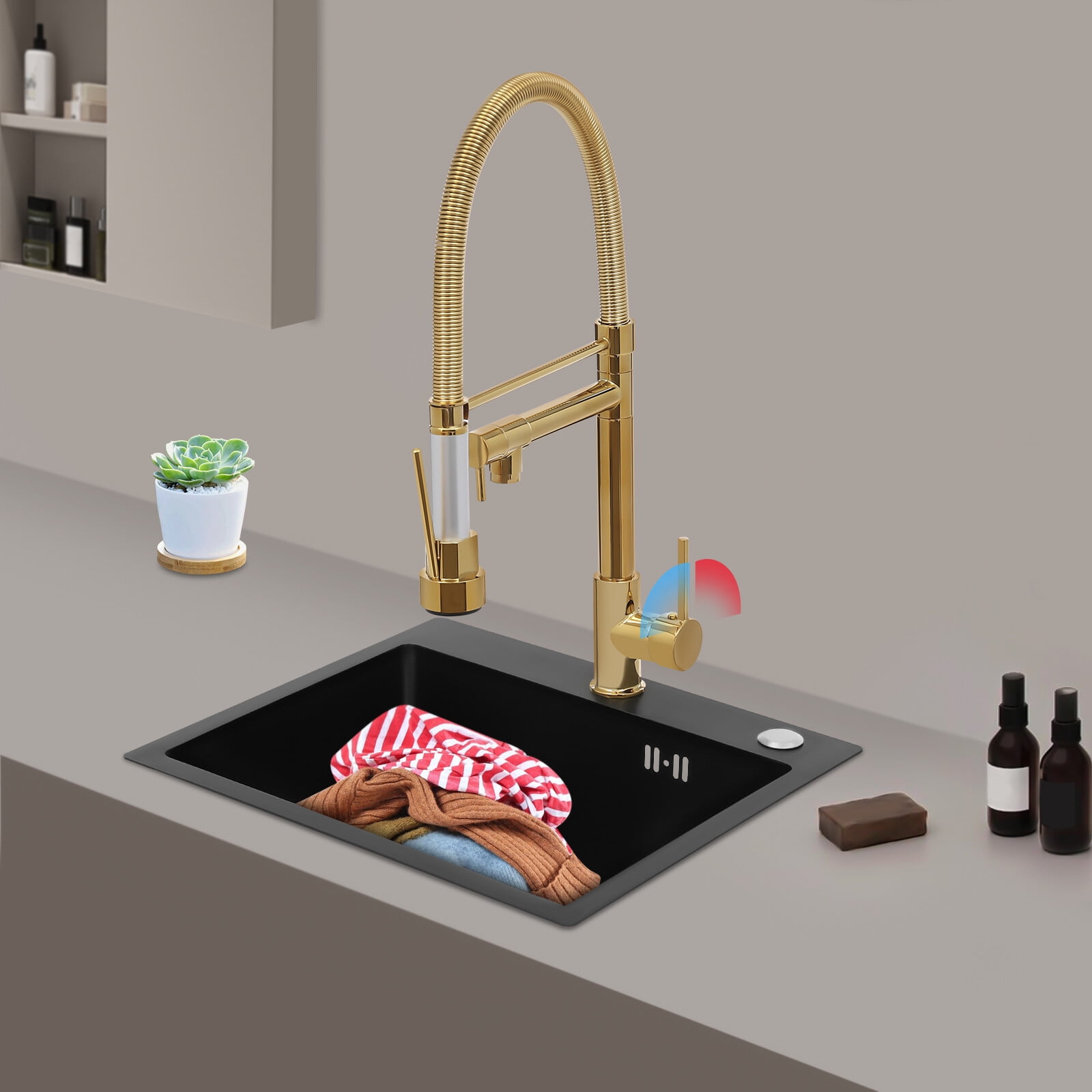 Kitchen Sink Single Handle Stainless Steel Faucet with Pull Down Sprayer(Titanium Gold)