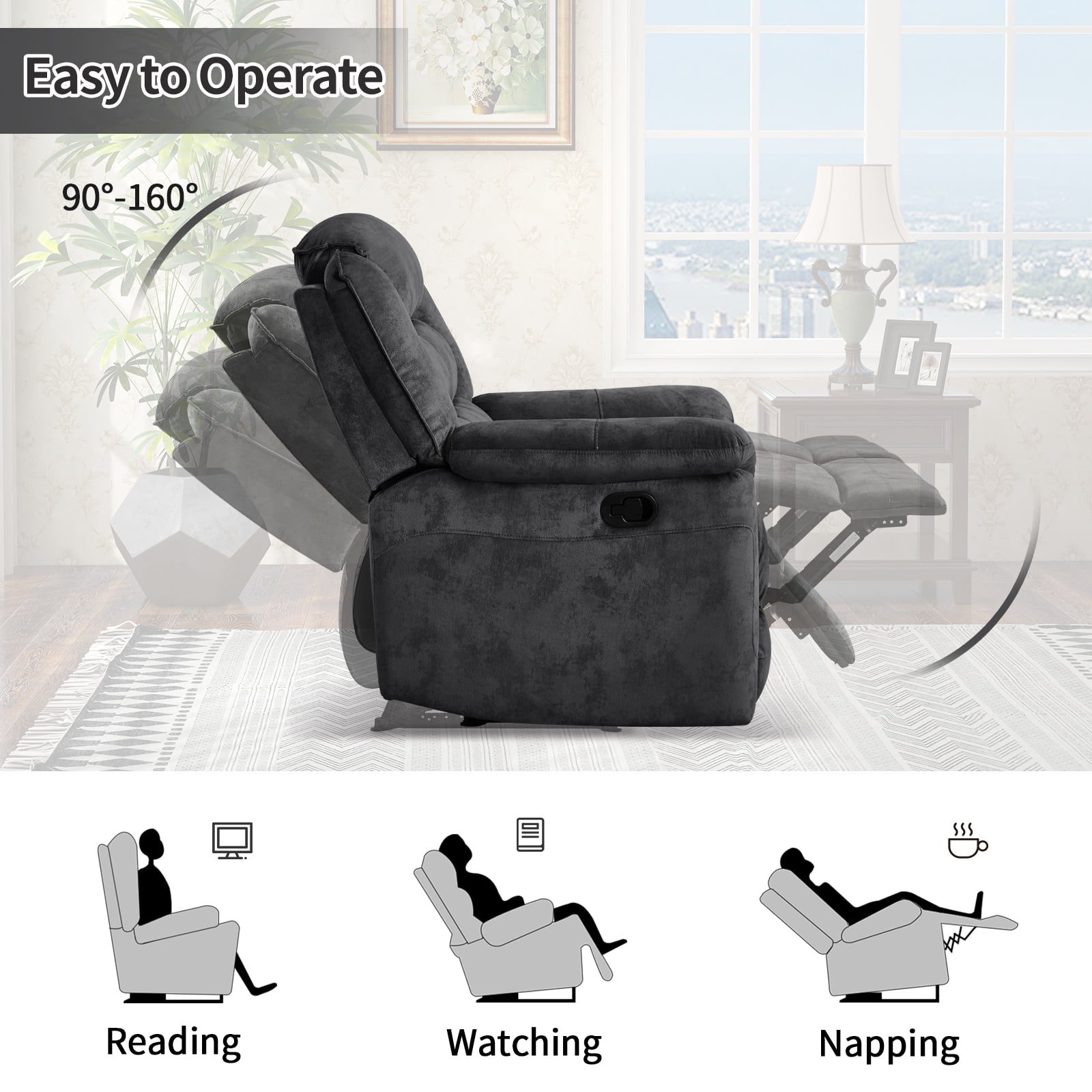 Bonzy Home Fabric Manual Recliner Chair — Modern Single-Seat Recliner with Padded Armrests & Backrest for Living Room & Bedroom Gray