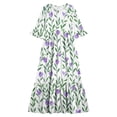 thumbnail image 4 of Little Girls Maxi Dress 4-14 Years Ruffle Half Sleeve Round Neck Floral Print Tiered Long Dress with Side Pockets Purple 7-8 Years, 4 of 7