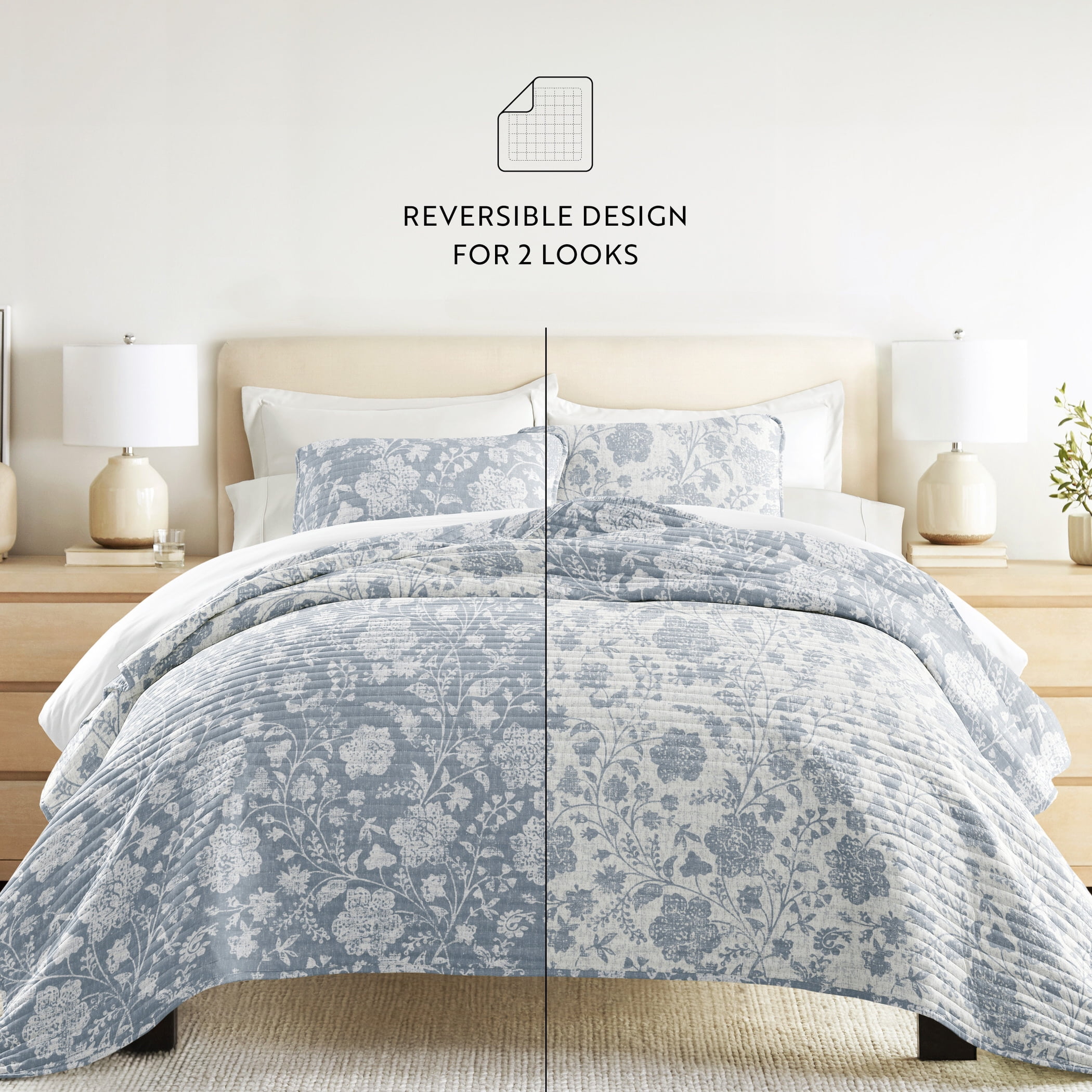 Noble Linens 3-Piece Light Blue Textured Floral Reversible Quilt Set, Twin