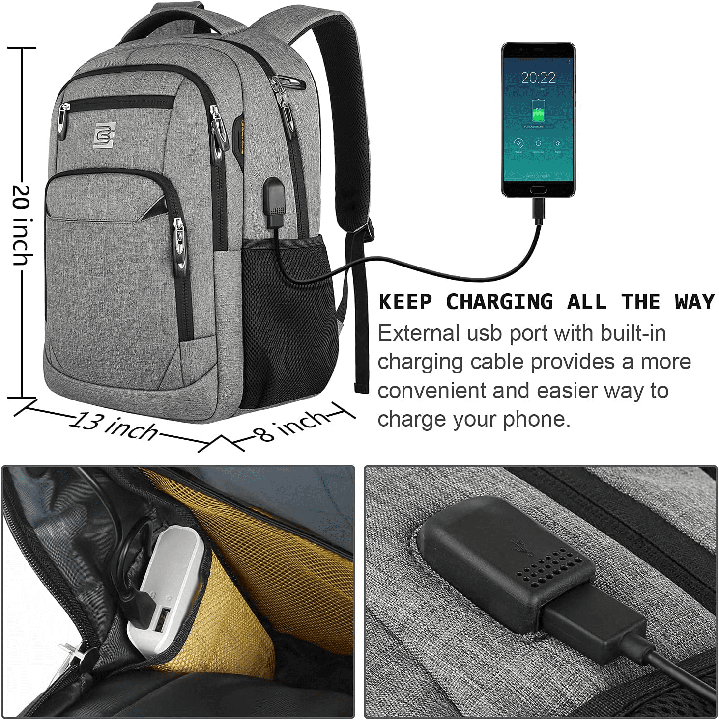 UKEIN Gray Laptop Backpack Computer Business Backpack for Adult Water Resistant Anti-Theft Laptop Backpack for Men