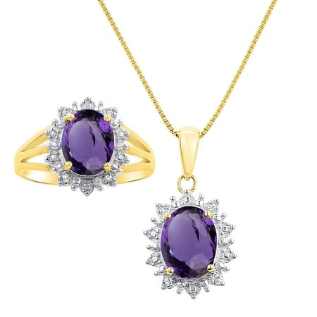 - Princess Diana Inspired Halo Diamond & Amethyst Matching Pendant Necklace and Ring Set In Yellow Gold Plated Silver .925 with 18