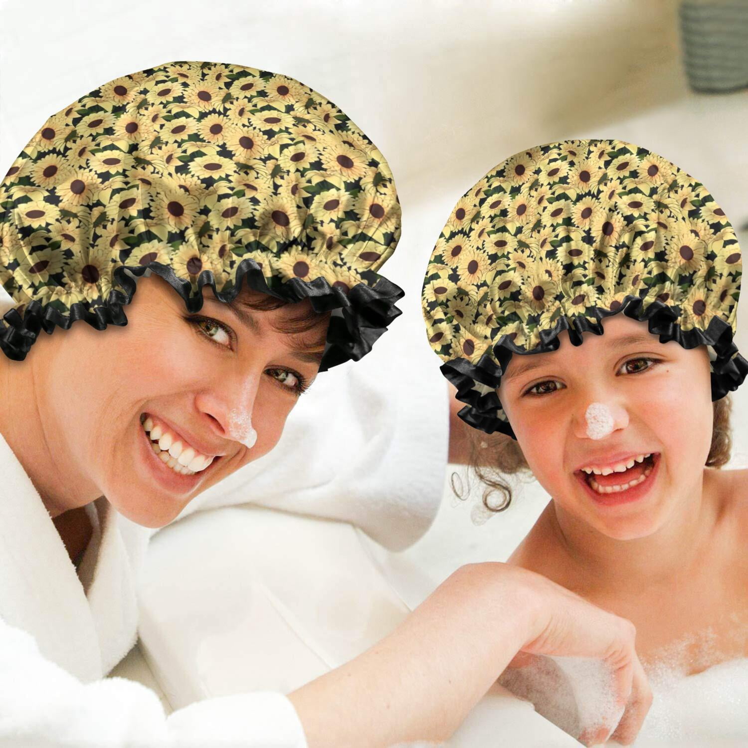 Shower Caps,Yellow Sunflower Pattern Waterproof Shower Cap for Women 4 Pieces,Double Reusable Hair Cover for Shower PEVA Elastic Stretch Hem