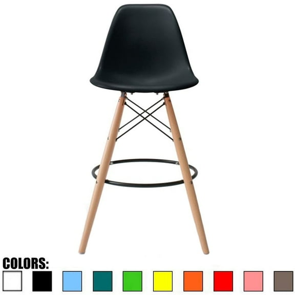 2xhome - Black - 28" Seat Height Modern Plastic Style Bar Stool Barstool Counter Stools with backs and armless Natural Legs Wood Eiffel Legs, Set of 1, 1 piece