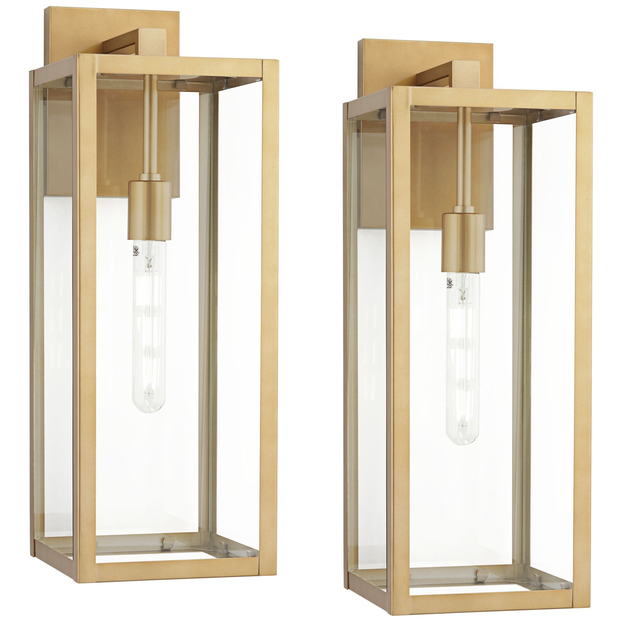 John Timberland Titan Modern Outdoor Wall Light Fixtures Set of 2 Soft Gold Rectangular Frame 20 1/4" Clear Glass for Post Exterior Barn