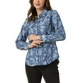 thumbnail image 4 of INSPIRE CHIC Women's Point Collar Long Sleeve Button Down Chest Pockets Denim Shirt M Mid Blue Floral, 4 of 5