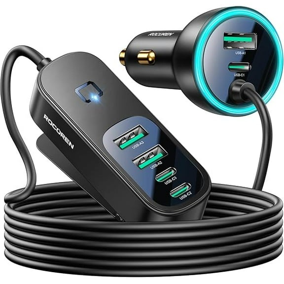 105W 6-Port Multiport Car Charger, PD Fast USB C Car Charger for Multiple Devices, Cigarette Lighter Adapter Car Travel Essentials for Road Trips with 5FT Cable for iPhone 16/15, Samsung S25
