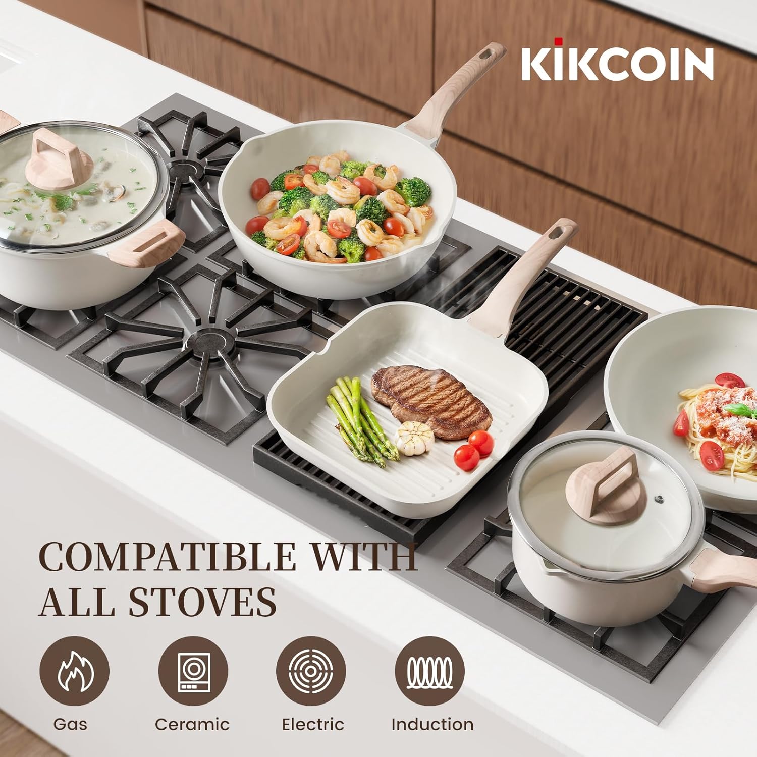 16-Piece Ceramic Nonstick Pots and Pans Set Induction Compatible Kitchen Cookware with Glass Lids