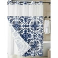 thumbnail image 3 of No Hook Shower Curtain with Snap-in Liner, Navy Blue Boho Waterproof Fabric Bathroom Curtains, Ehtnic Abstract Art Modern Geometric Bath Curtains & Mesh Top Window Stand Up Stall 72"x96" Extra Long, 3 of 9