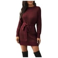 thumbnail image 5 of Sngxgn Women's Fall Elegant Dress Long Sleeve Crewneck Tie Waist Slim Rib Knit Slit Bodycon Midi Dress(,M), 5 of 8