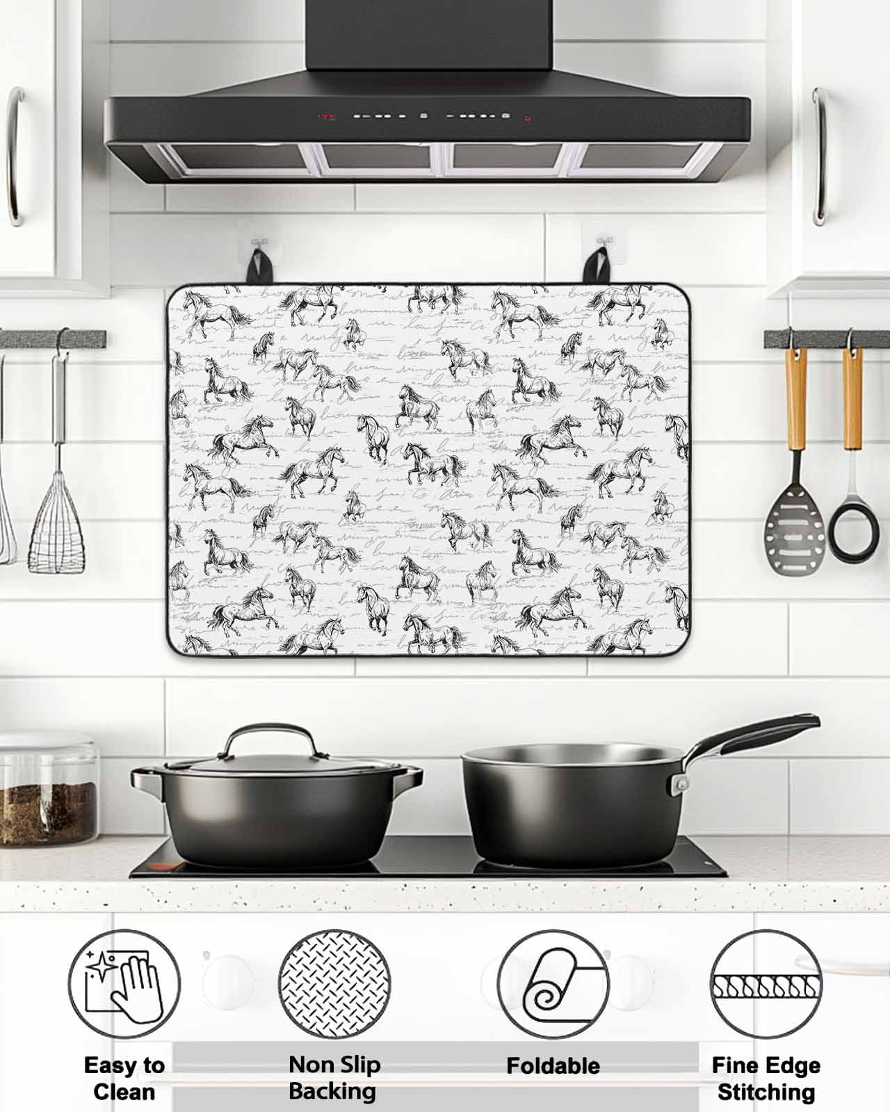 Stove Top Covers for Electric Stove, Black Horse Glass Stovetop Cover Protector, Watercolor Vintage Animals Induction Cooktop Protector Oven Mat for Kitchen Countertop 31"x24"