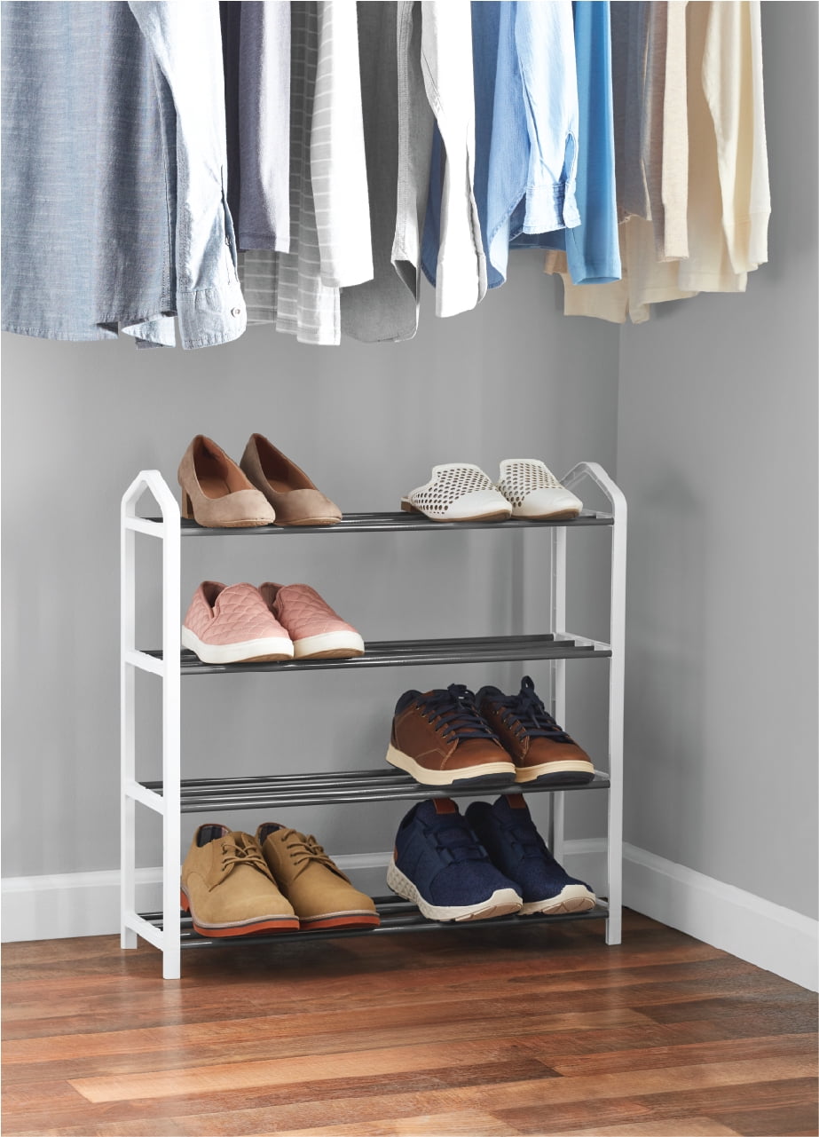 Mainstays 4-Tier Shoe Rack White Plastic Frame, Gray Coating, up to 12 Pairs