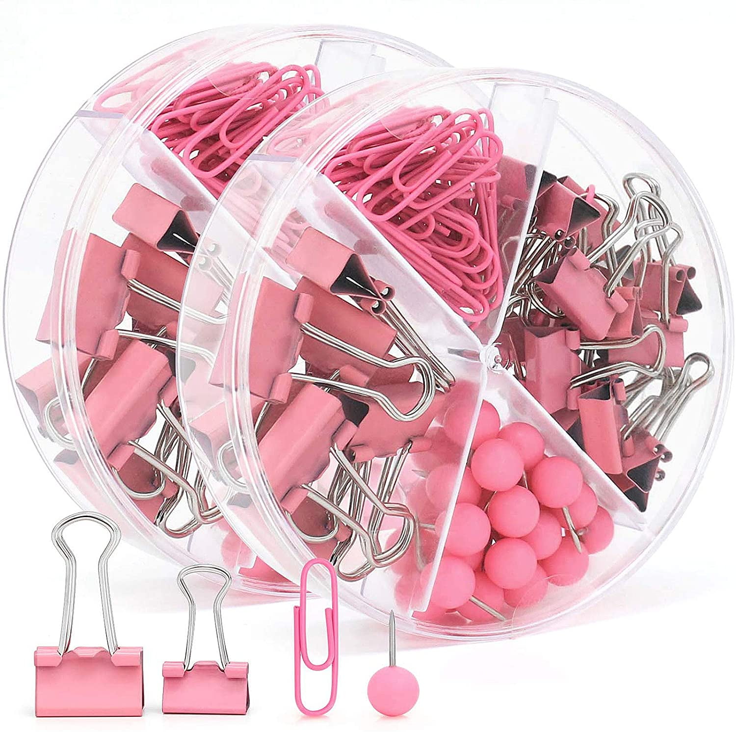 2 Box / Pink Push Pins, Paper Clips and Binder Clips Sets, Durable