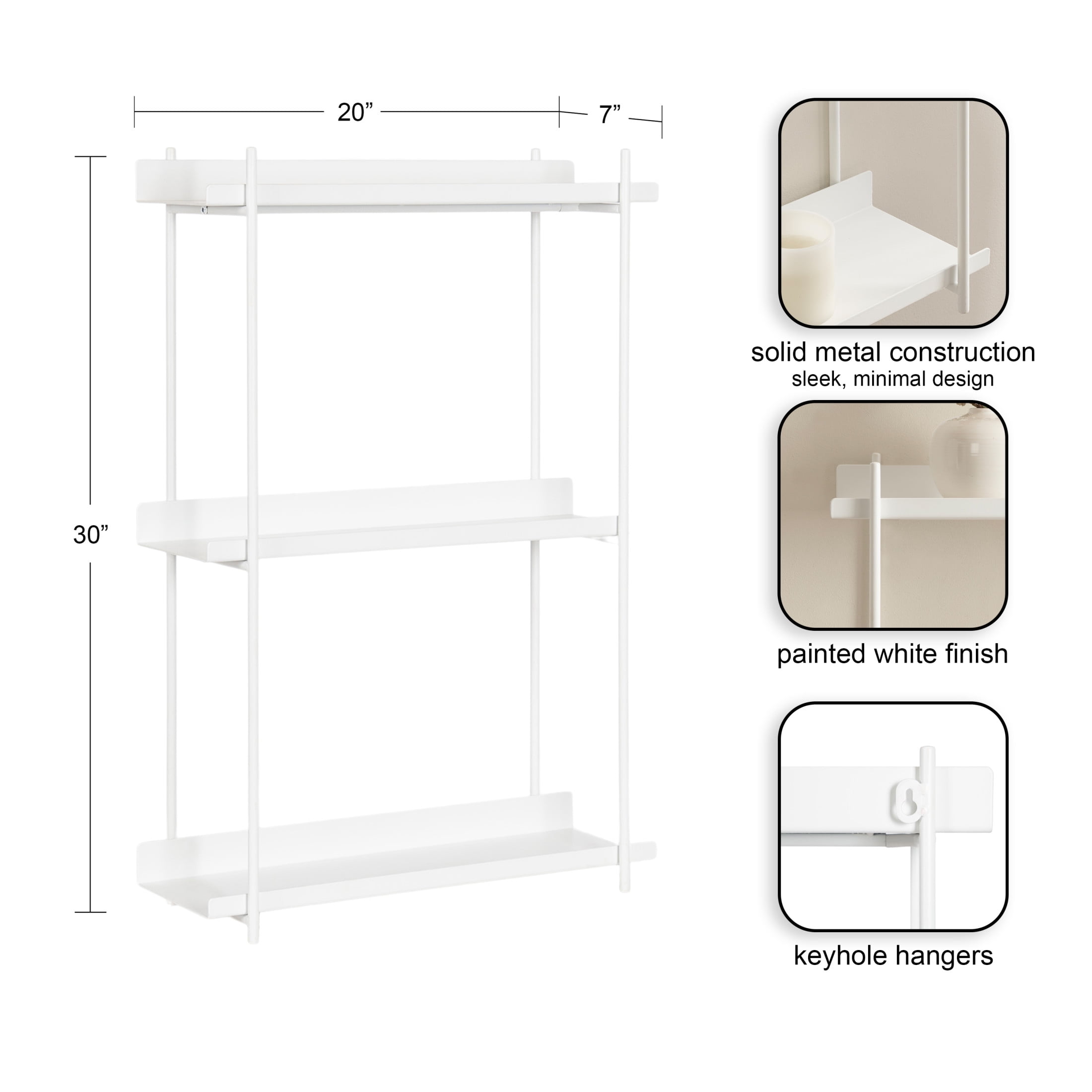 Kate and Laurel Dominic Modern Metal Bathroom Shelf, 20 x 7 x 30, White, Contemporary Sleek 3-Tier Floating Shelves for Wall Decor, Display, and Over Toilet Storage