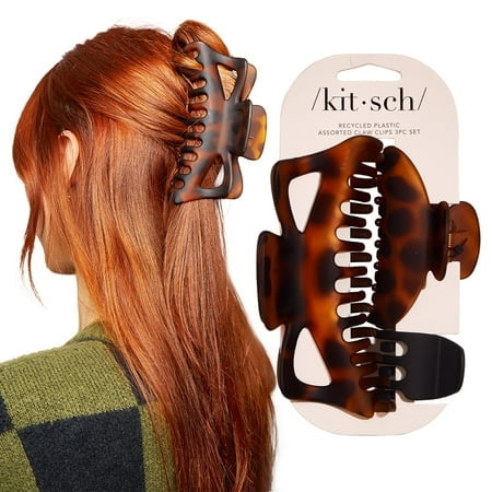 Kitsch Assorted Hair Claw Clips, Recycled Plastic Clips, Large, Medium, and Small Sizes for Styling Thick or Thin Hair, Versatile and Sustainable Hair Claws, Set of 3, Black and Tortoise