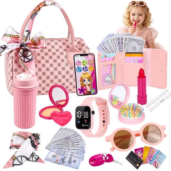 Leimiao 32Pcs Kids Play Purse Set, Toddler Princess Pretend Handbag, Makeup Phone Watch Wallet, Gift for Girls Ages 3 4 5 6