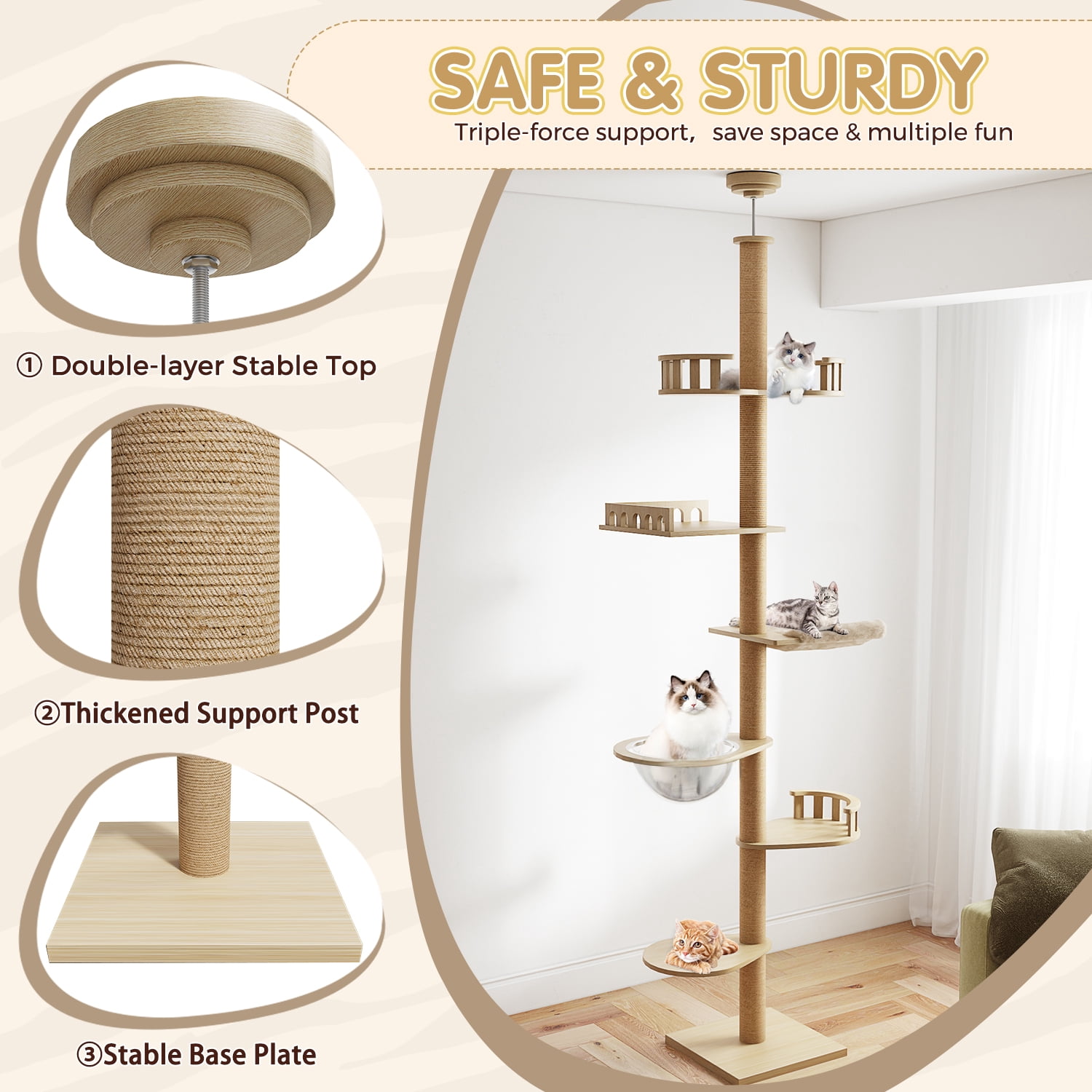 Erinnyees Floor to Ceiling Cat Tree Adjustable 86-106", 6-Level Wood Cat Tower with Scratching Post, Plush Hammock, Transparent Capsule & Perches for Indoor Cats, Space-Saving Cat Furniture