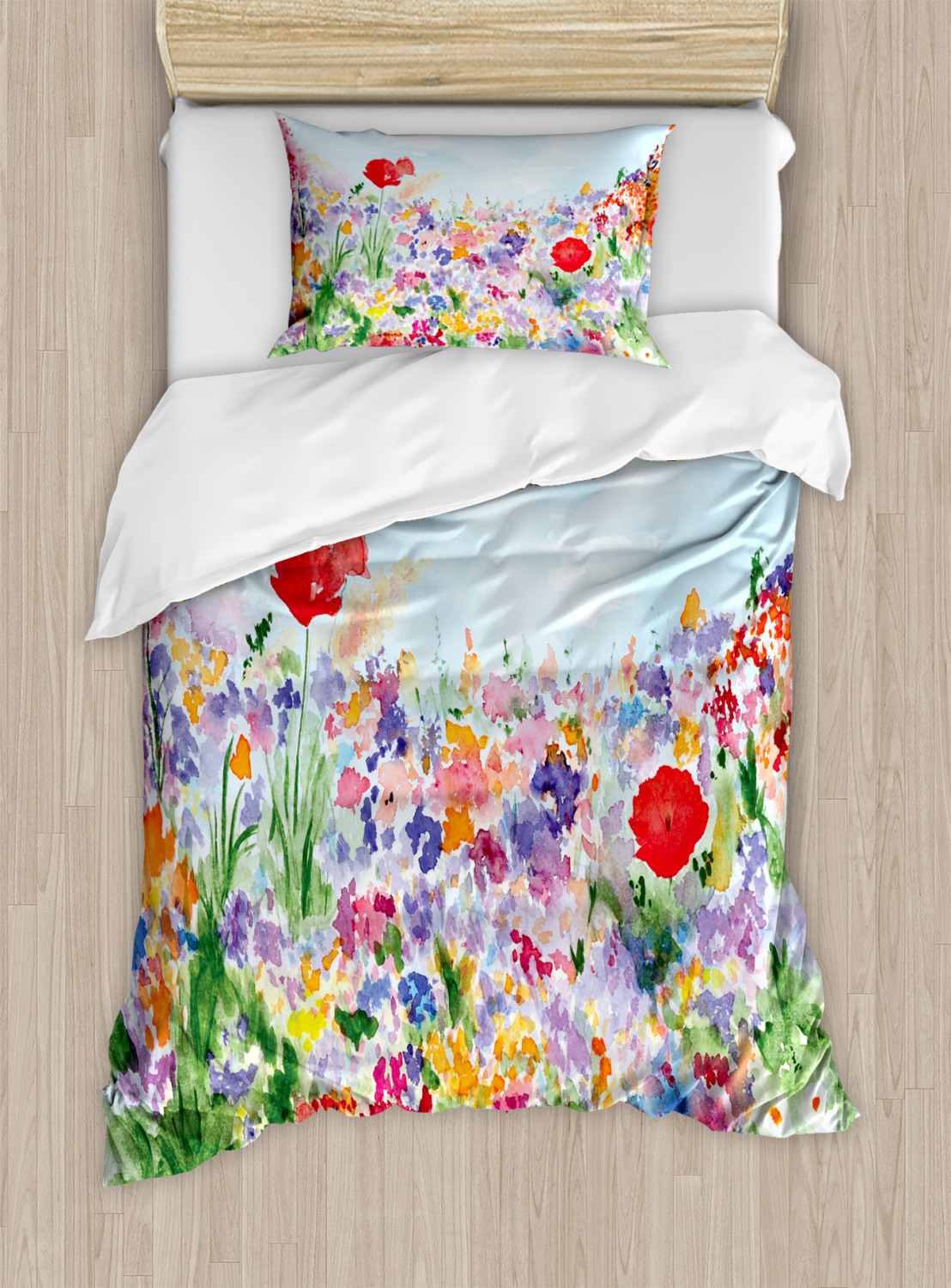 Watercolor Flower Duvet Cover Set, Floral Summer Garden with Grass and