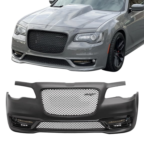 Ikon Motorsports Front Bumper Cover Fits 2015-2023 Chrysler 300, SRT Style Unpainted Black PP Replacement Bumper Conversion with DRL, Fog Lights and Matte Black Upper Lower Grille