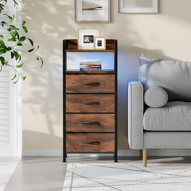 Bestco LED Nightstand End Table with Charging Station & 4 Drawers for Bedroom Rustic Brown