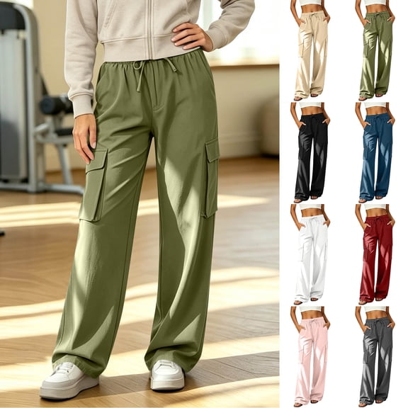 Tqcoqu Women's Wide Leg Elastic Waist Cargo Pants,Solid Drawstring Outdoor Hiking Casual Trousers With Multi Pockets