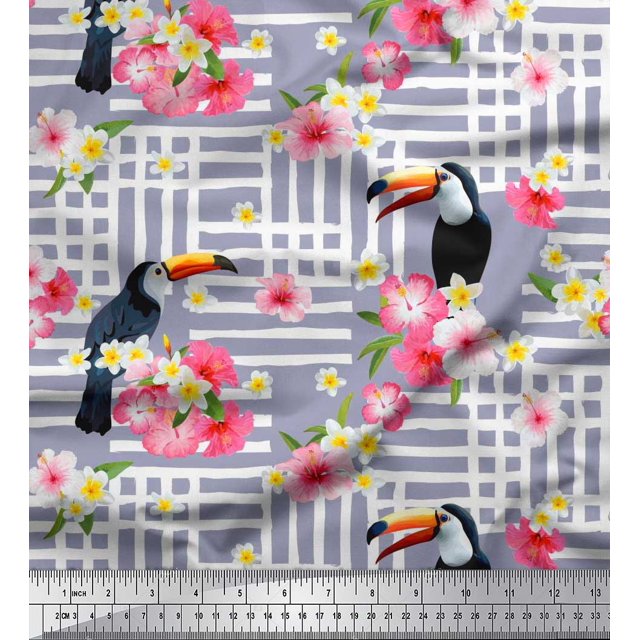 Soimoi Gray Polyester Crepe Fabric Floral & Toucan Bird Fabric Prints by Yard 52 Inch Wide