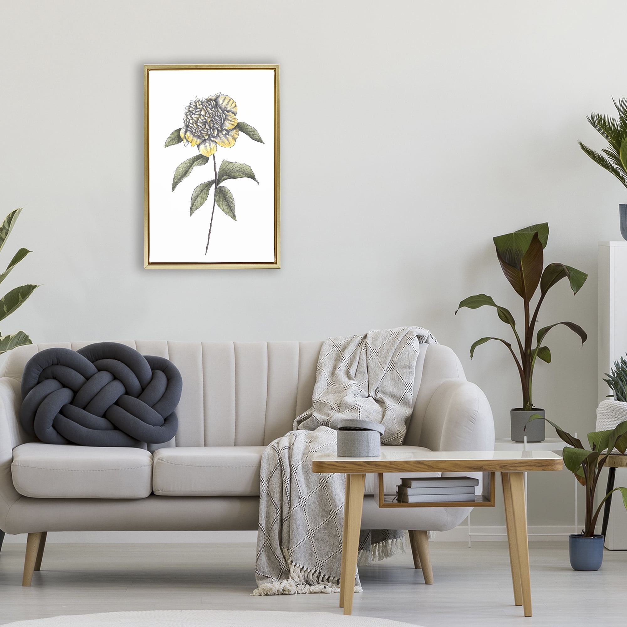 Camellia Flower Illustration Gold Framed Floater Canvas Wall Art, design by Cecilia Battaini
