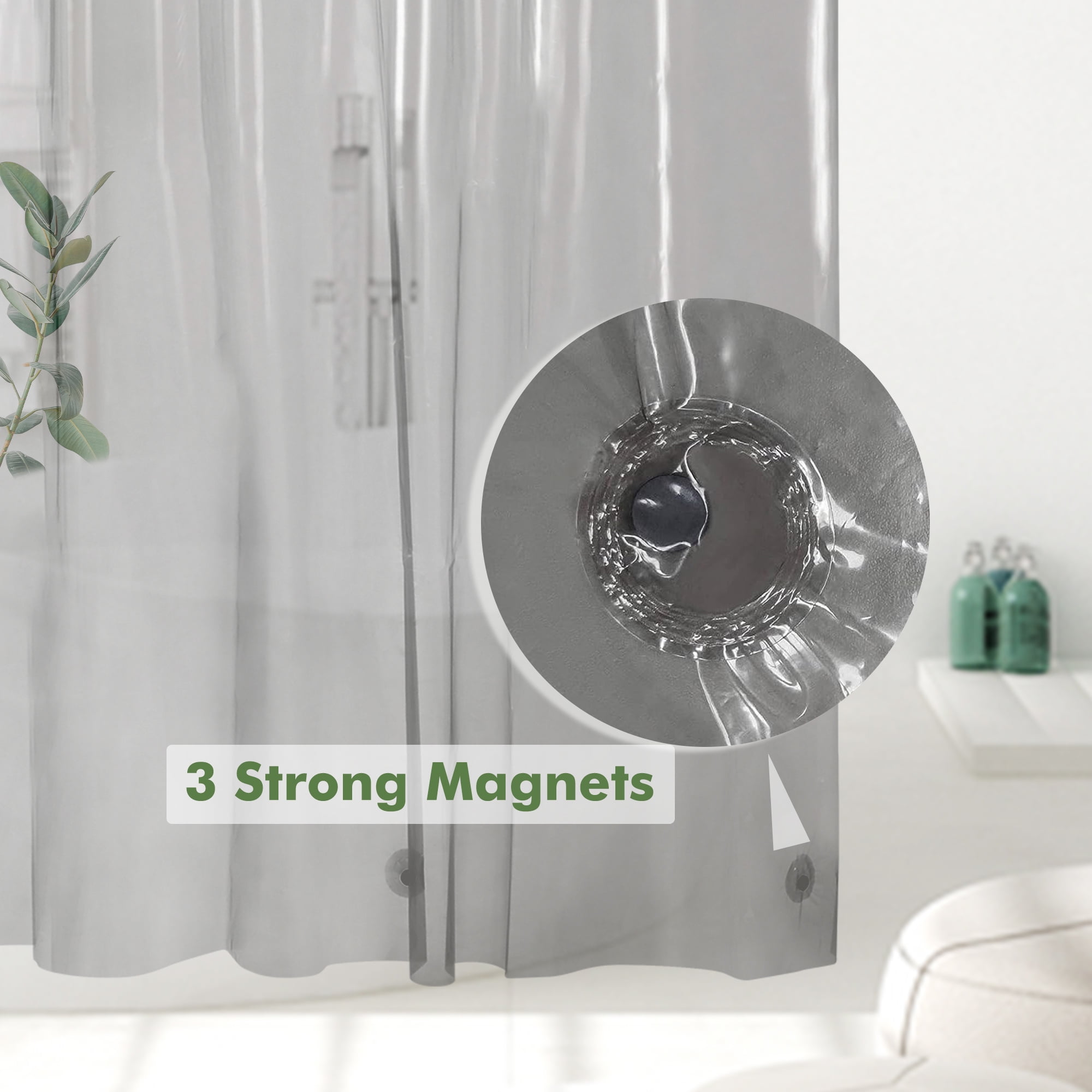 Barossa Design Lightweight Waterproof Shower Curtain PEVA Liner with 3 Magnets -Clear Black, 72" x 72"