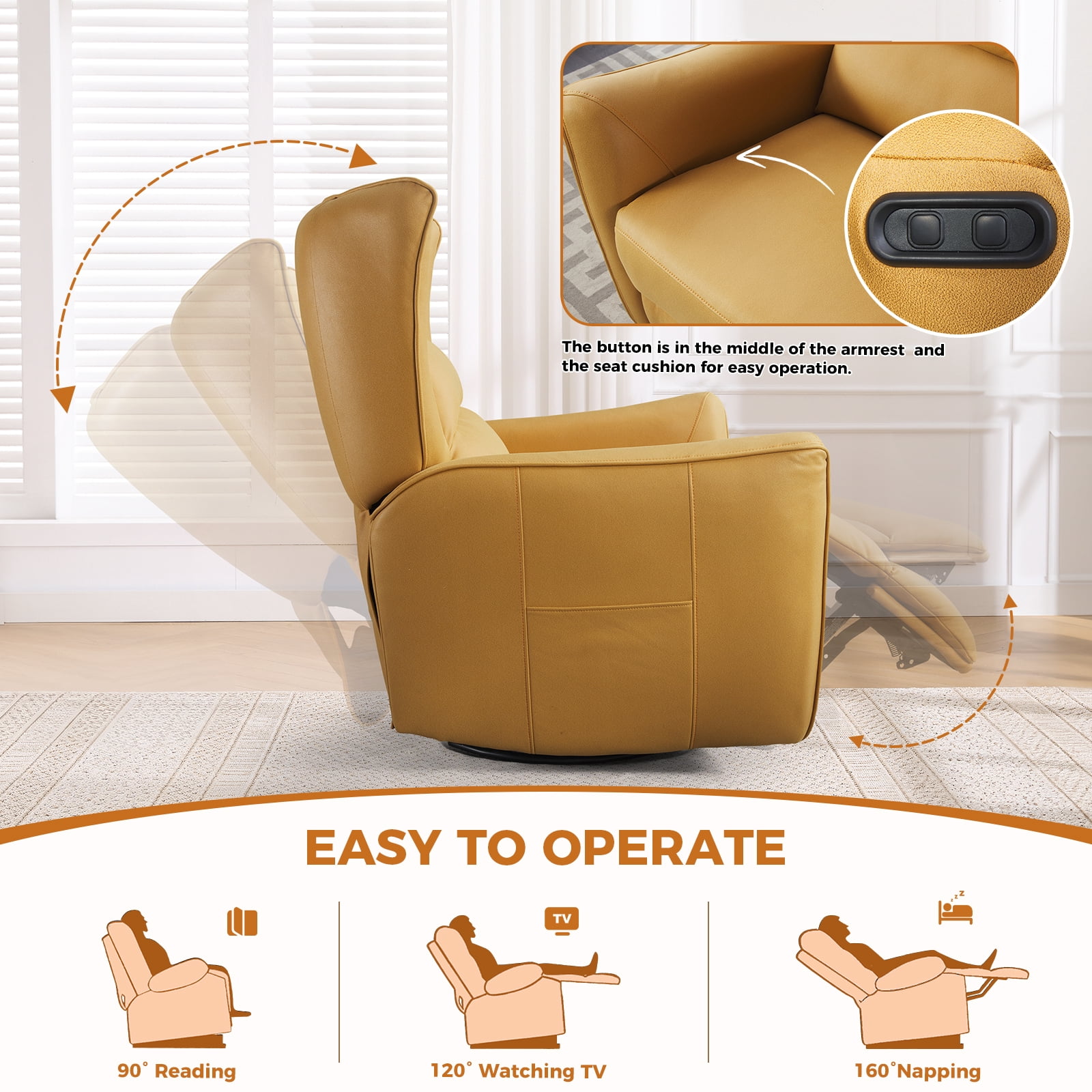 Bonzy Home Swivel Rocker Recliner Power Electric Recliners with Highly Enveloping Backrest Rocking Recliner Chair Leathaire Reclining Sofa for Living Room, Yellow