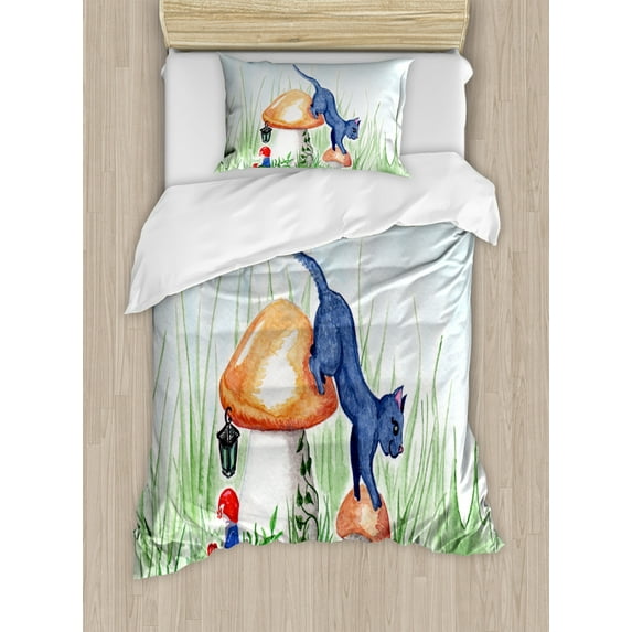 Animal Duvet Cover Set Twin Size, Little Cartoon Cat Black in a Mushroom Garden with Leaves and Flowers Artwork Print, Decorative 2 Piece Bedding Set with 1 Pillow Sham, Multicolor, by Ambesonne