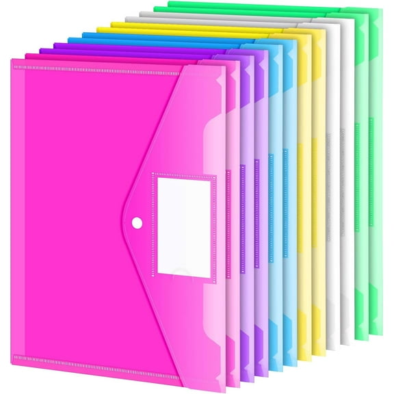 12 Pack Folders Plastic Envelopes, Clear Plastic File Folder for Document, Letter A4 Size Poly File Envelopes with Label Pocket, Snap Button for Home Work Office Organizer, 5 Colors
