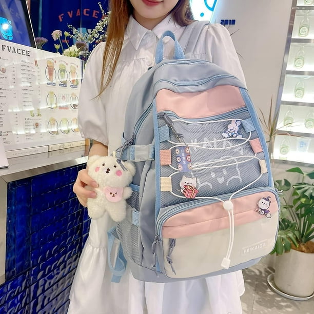 Mochila escolar japonesa con lindas mochilas kawaii Mochila estetica Mochilas para ninas de 8 a 10 anos azul Pines decorativos colgante de osito Bodega Aurrera en linea