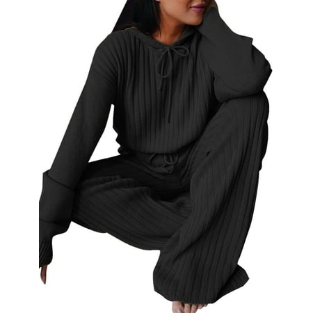 

Glookwis Women Hooded Neck Pjs Baggy Tracksuit Loose Fit Sweatshirt Lounge Sets Hoodies Plain Pajamas Sleepwear Black XXL