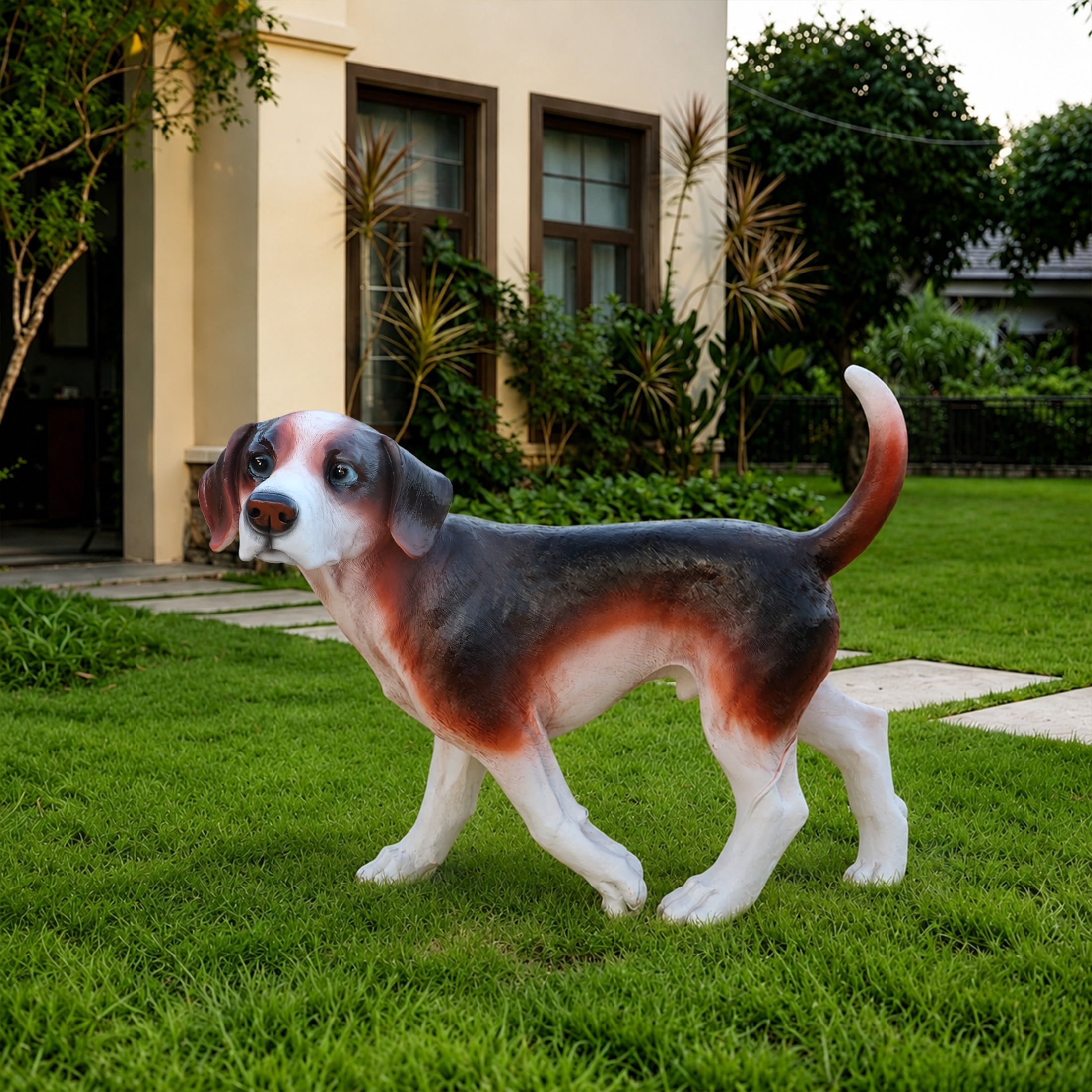 Noble House Lifelike Walking Beagle Dog Statue, Realistic Resin Animal Figurine for Outdoor Garden Decor, Multicolor